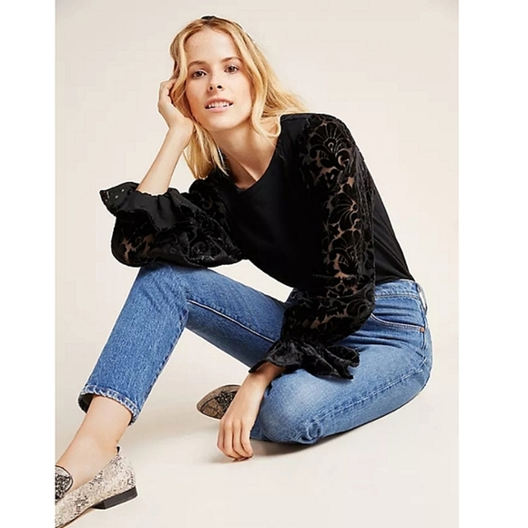 Anthropologie Elisha Puff-Sleeved Velvet Burnout Top Size XS - Picture 1 of 11